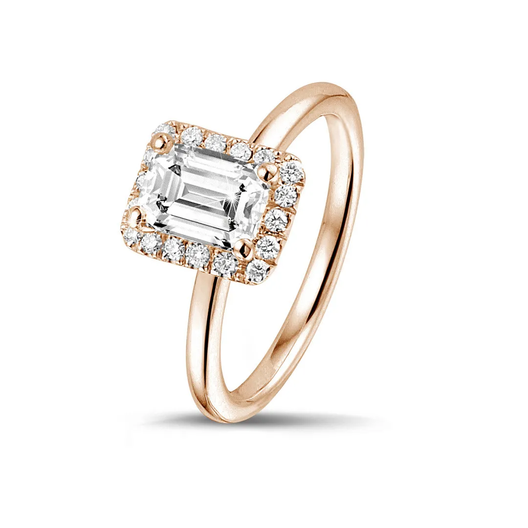 1.20 quilates halo anillo solitario con diamante talla esmeralda en oro rojo con diamantes redondos 