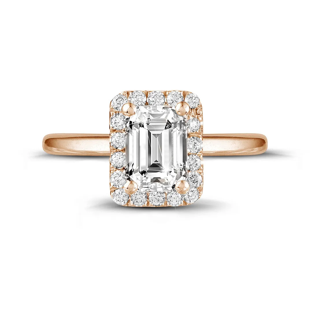 1.20 quilates halo anillo solitario con diamante talla esmeralda en oro rojo con diamantes redondos 