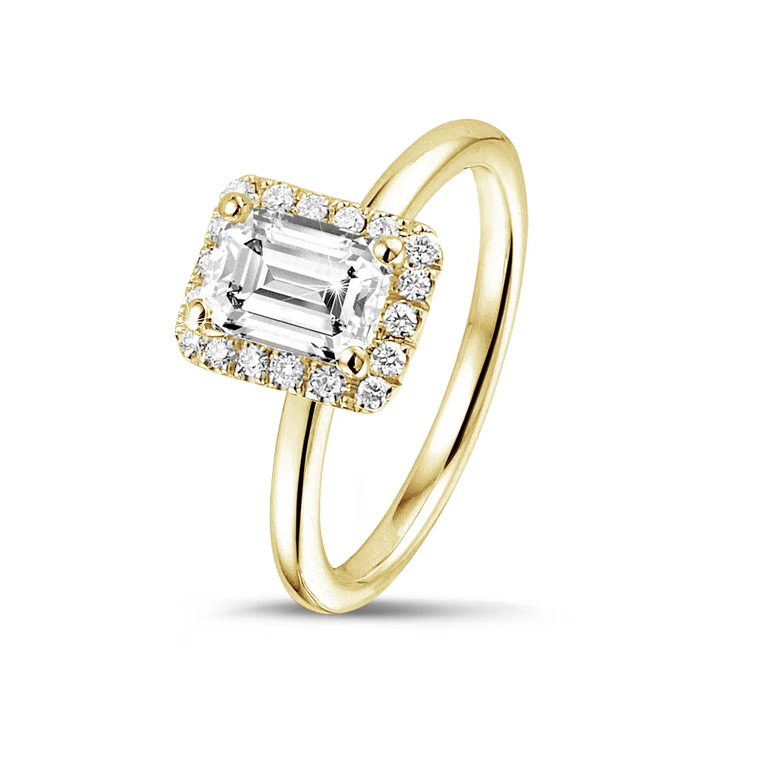 1.50 quilates halo anillo solitario con diamante talla esmeralda en oro amarillo con diamantes redondos 