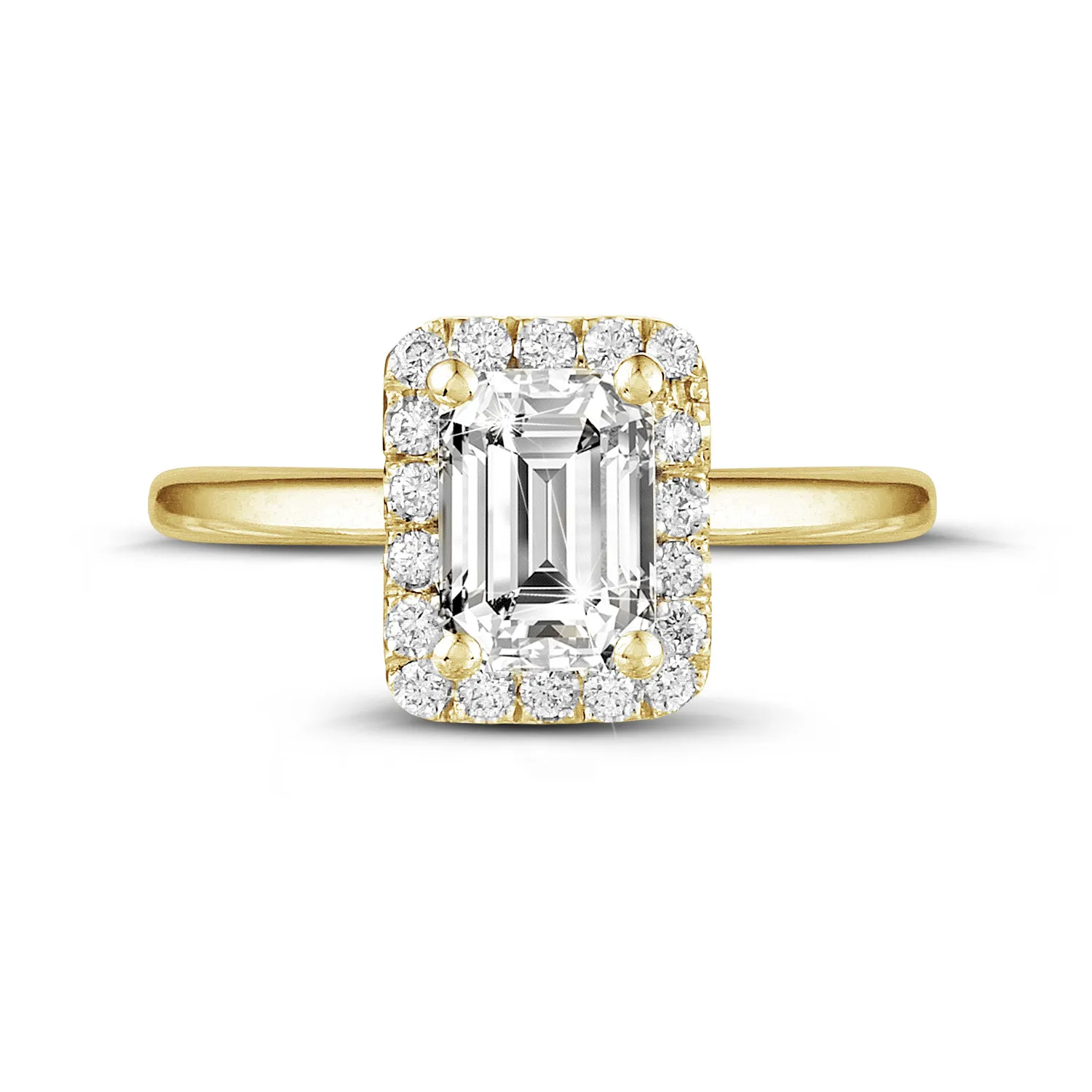 1.50 quilates halo anillo solitario con diamante talla esmeralda en oro amarillo con diamantes redondos 