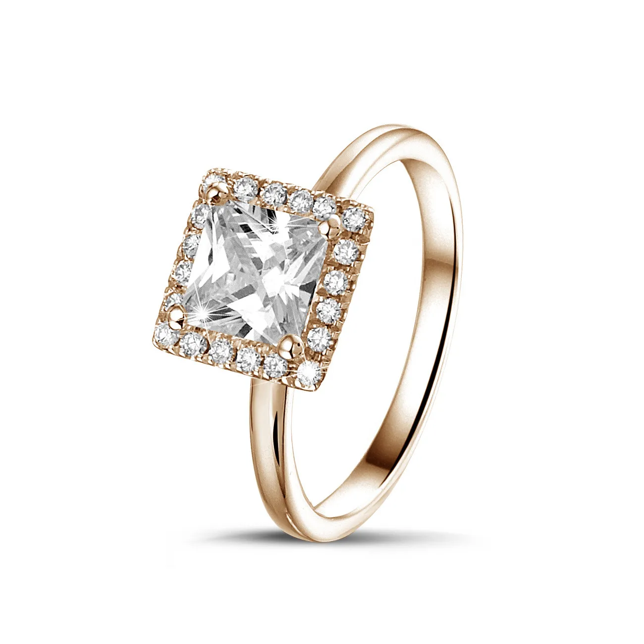 1.50 quilateshalo anillo solitario diamante princesa en oro rojo con diamantes redondos 