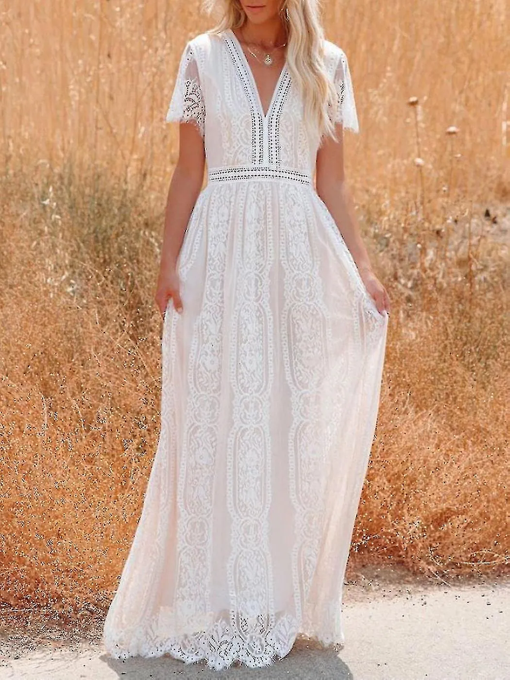 2022 Verano Boho Mujeres Maxi Vestido Bordado Suelto Encaje Blanco Túnica Larga Vestido de Playa Vacaciones Holida