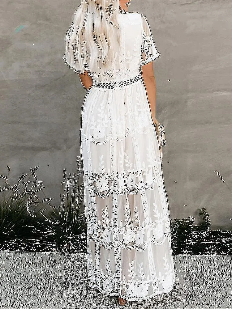 2022 Verano Boho Mujeres Maxi Vestido Bordado Suelto Encaje Blanco Túnica Larga Vestido de Playa Vacaciones Holida