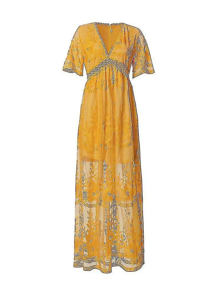 2022 Verano Boho Mujeres Maxi Vestido Bordado Suelto Encaje Blanco Túnica Larga Vestido de Playa Vacaciones Holida