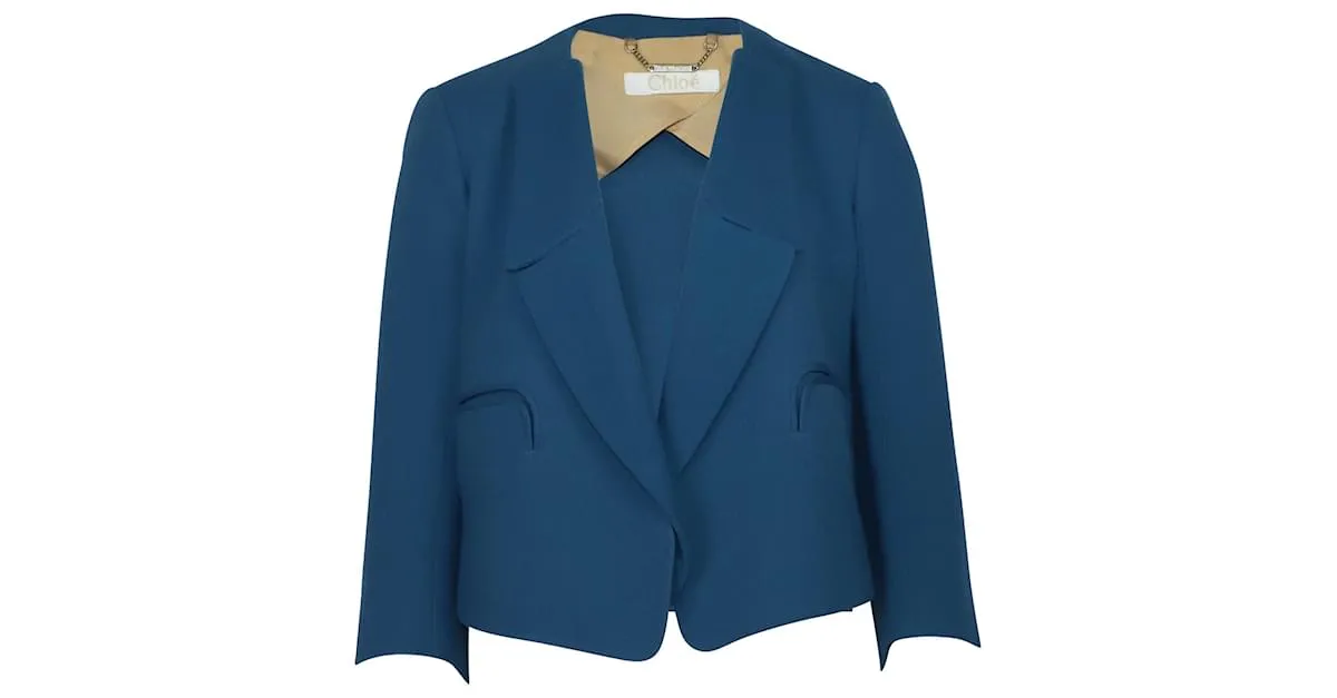 Americana corta Chloé en crepé de lana azul 