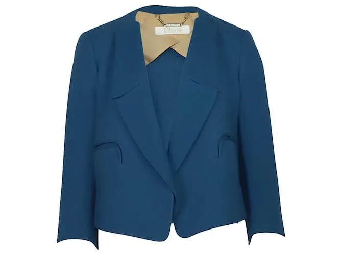 Americana corta Chloé en crepé de lana azul 