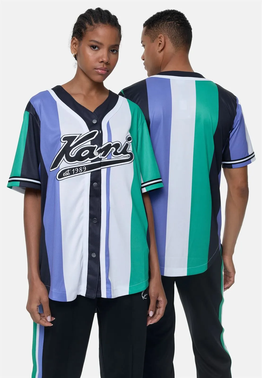 Beisbolera Karl Kani 6033462 kk varsity striped baseball shirt green/white/purple