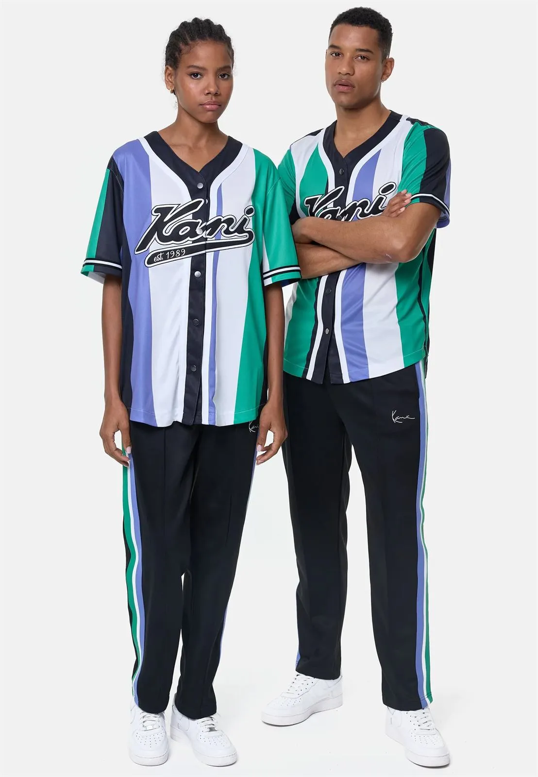 Beisbolera Karl Kani 6033462 kk varsity striped baseball shirt green/white/purple