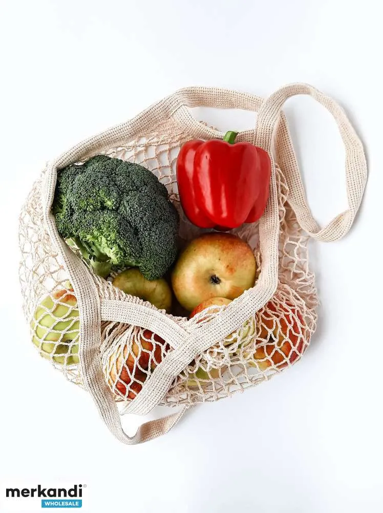 Bolsa con asa de malla de algodón (asa corta) para compras, playa, vacaciones, picnic