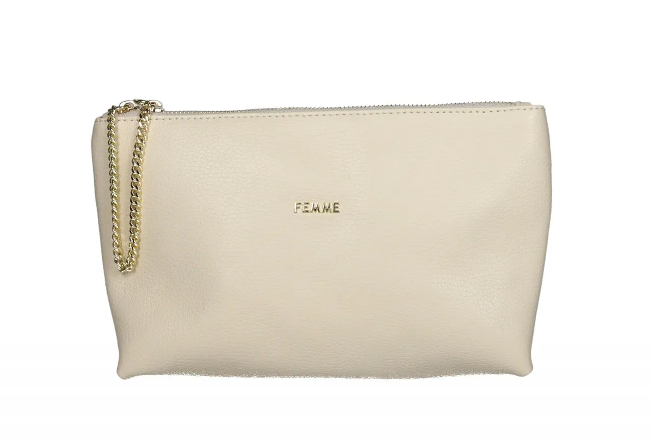 Bolso Piel Beige Cremallera Cadena Eslabones Oro