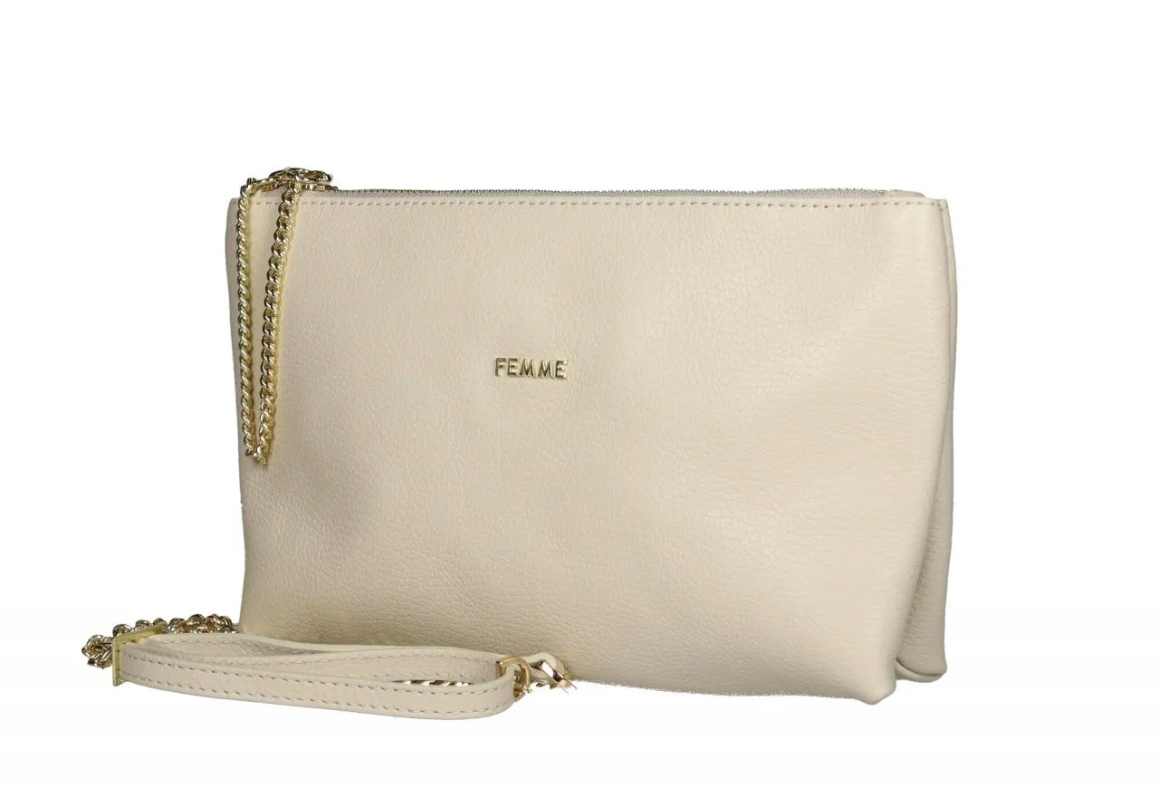 Bolso Piel Beige Cremallera Cadena Eslabones Oro