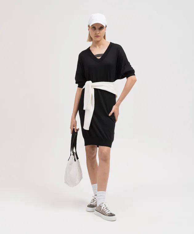 Brunello Cucinelli Black cashmere and silk dress with monil chain