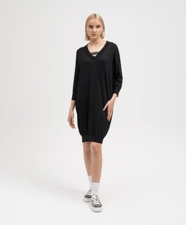 Brunello Cucinelli Black cashmere and silk dress with monil chain