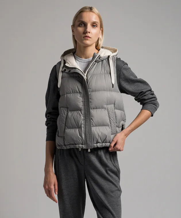 Brunello Cucinelli Gray down vest with monil chain