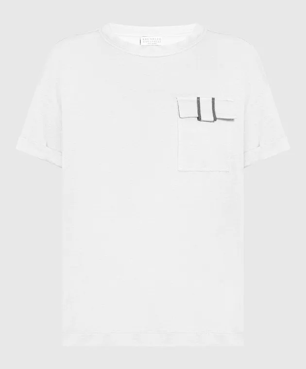 BRUNELLO CUCINELLI GRAY LINEN AND SILK TSHIRT WITH MONIL CHAIN