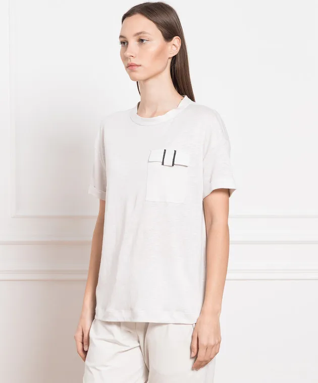 BRUNELLO CUCINELLI GRAY LINEN AND SILK TSHIRT WITH MONIL CHAIN