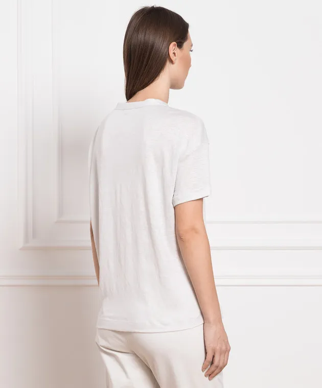 BRUNELLO CUCINELLI GRAY LINEN AND SILK TSHIRT WITH MONIL CHAIN