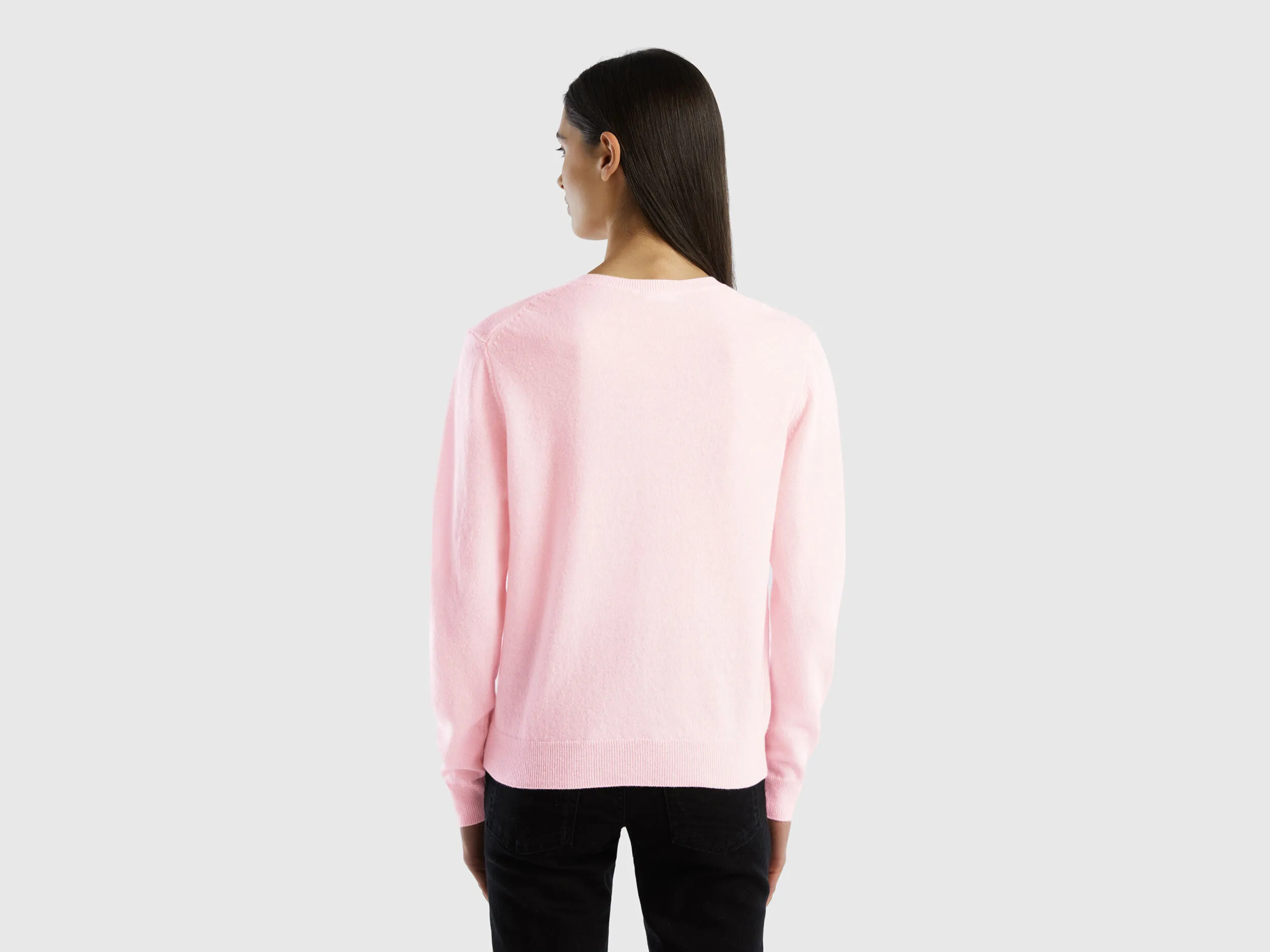 Cárdigan de cuello redondo rosa claro de pura lana merina