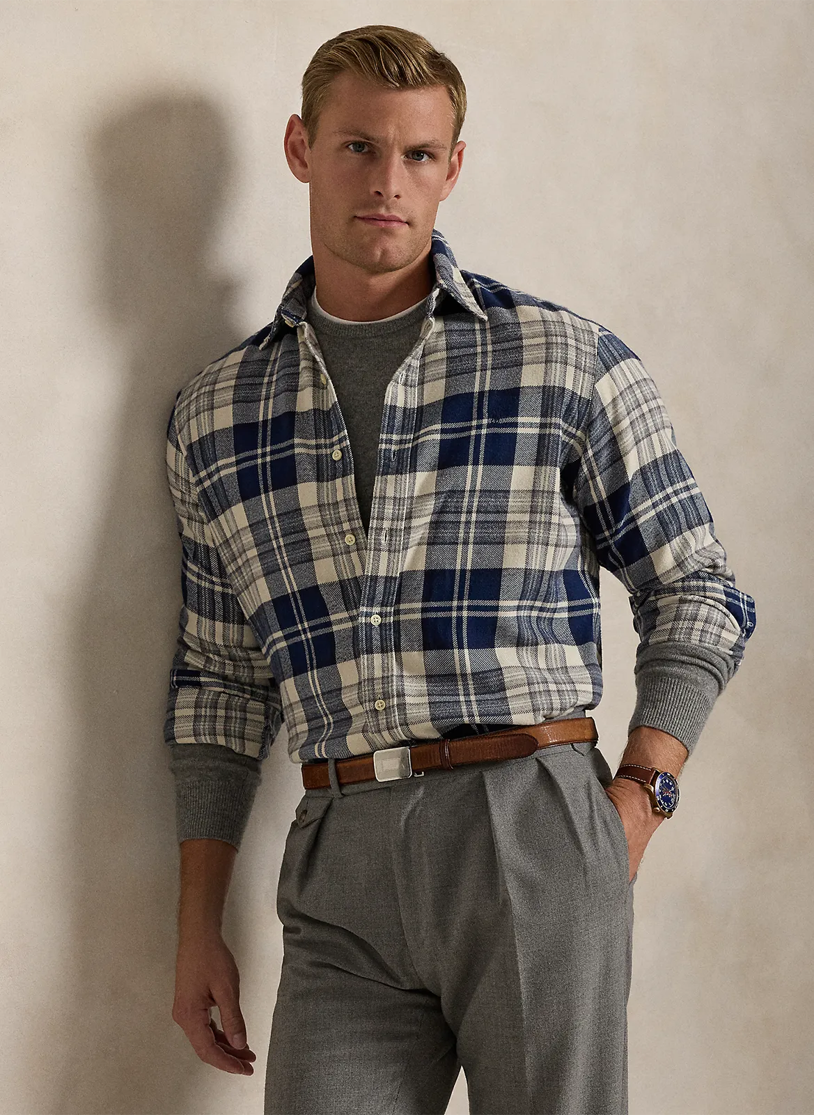 Camisa de algodón a cuadros en beige