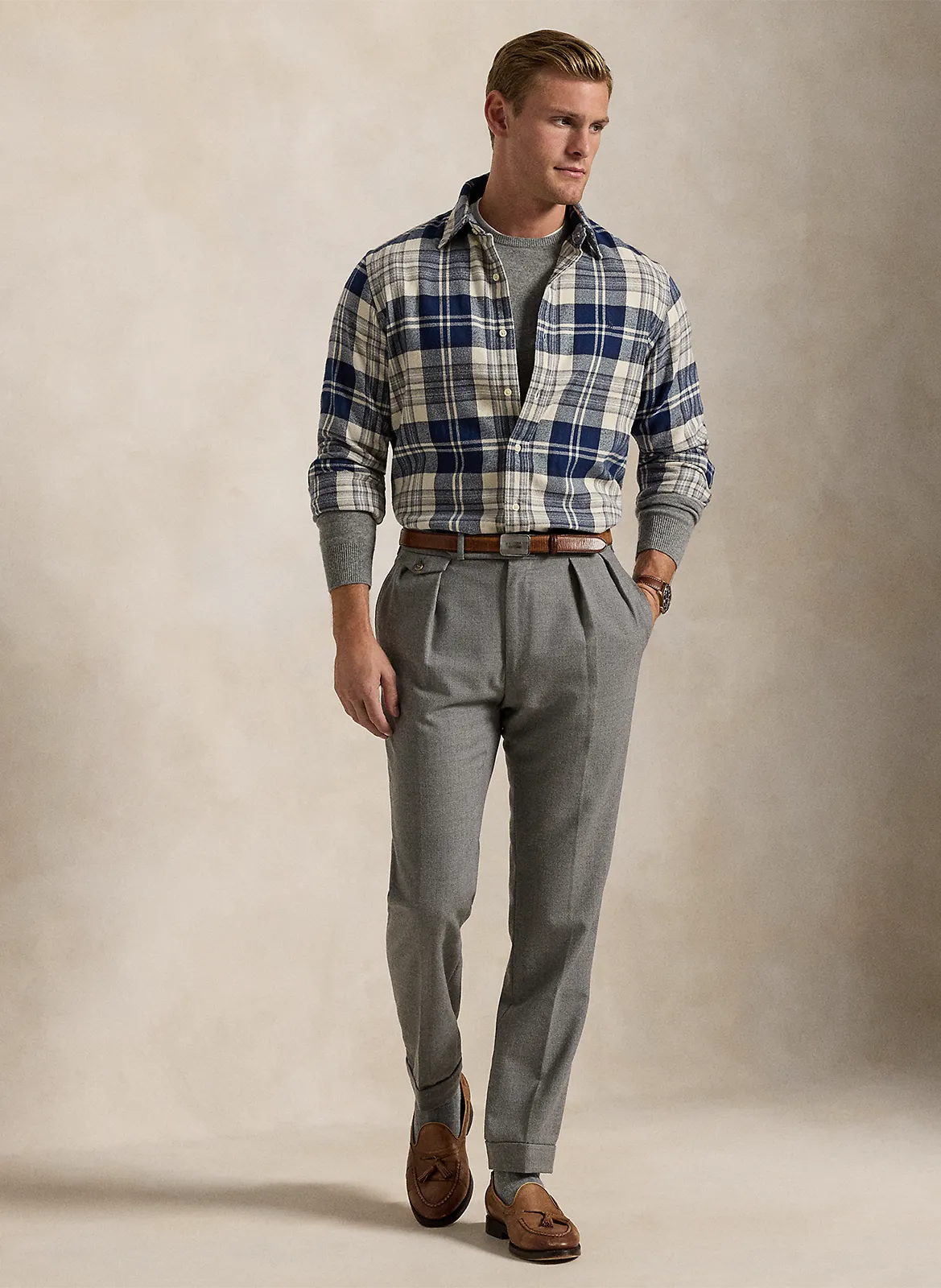 Camisa de algodón a cuadros en beige