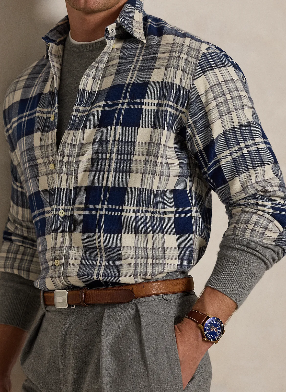 Camisa de algodón a cuadros en beige