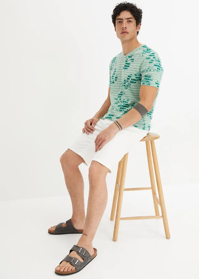 Camiseta con escote en V Verde de rayas horizontales