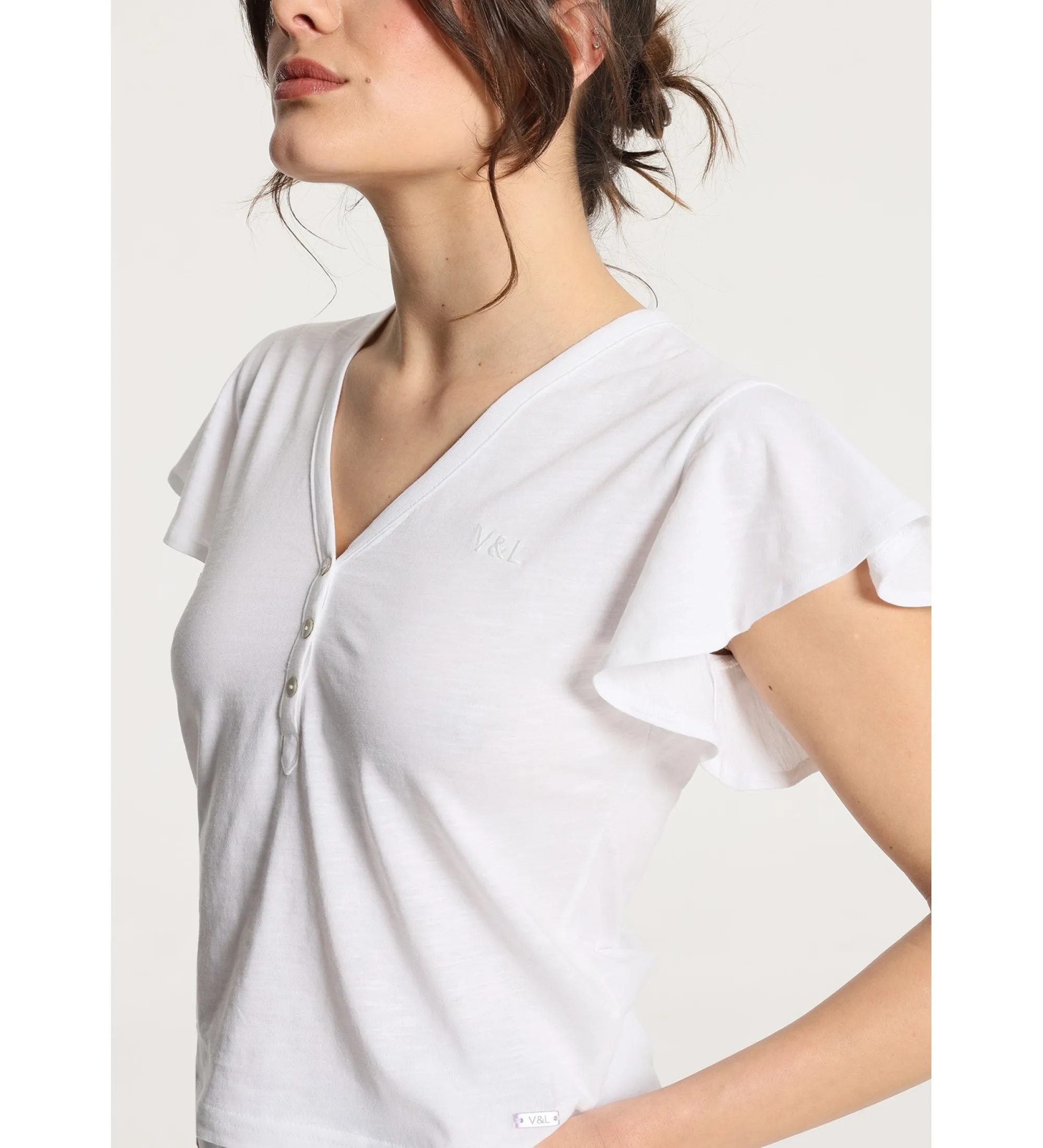 Camiseta de manga corta volantes con botones blanco