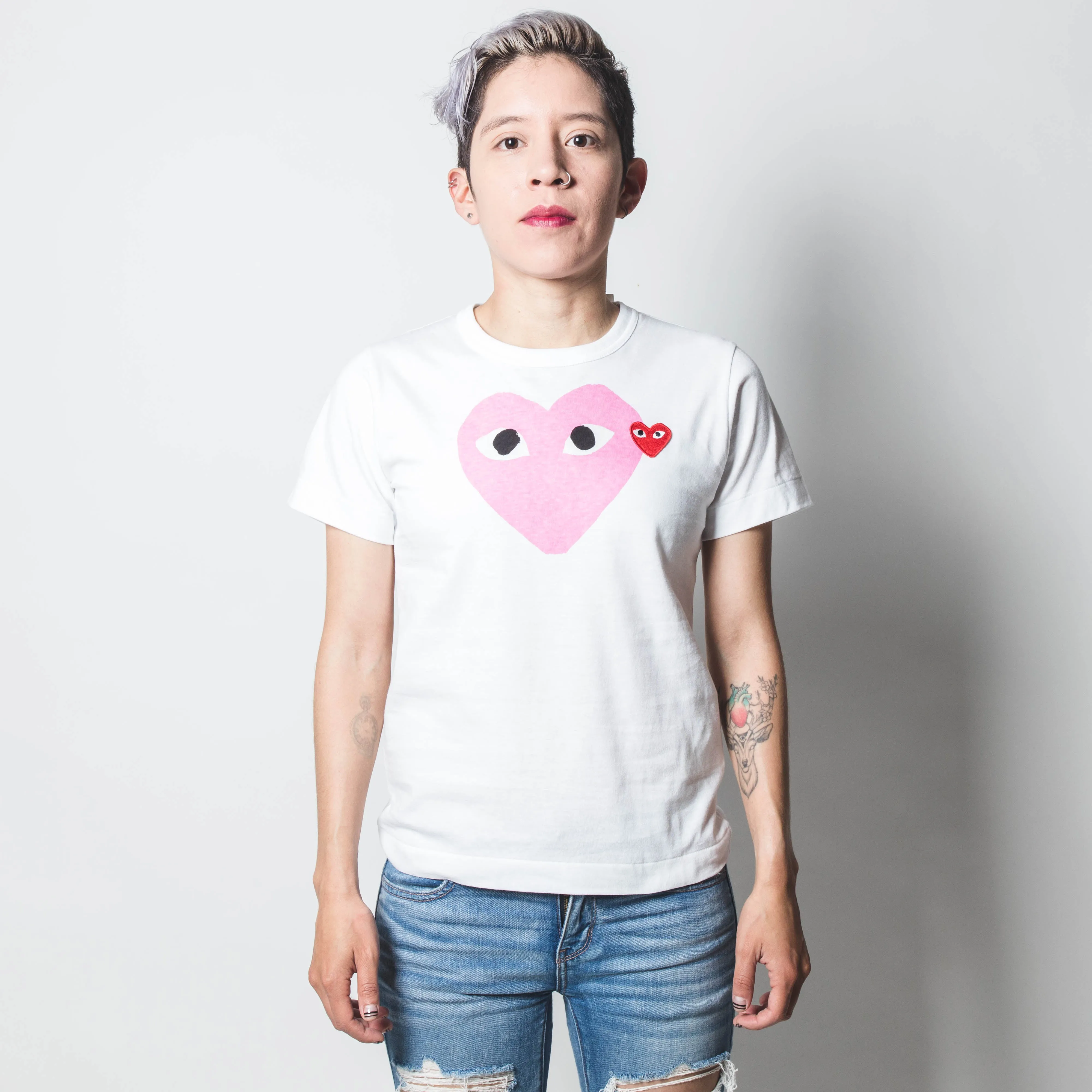 CDG PLAY Pink Heart Tee White