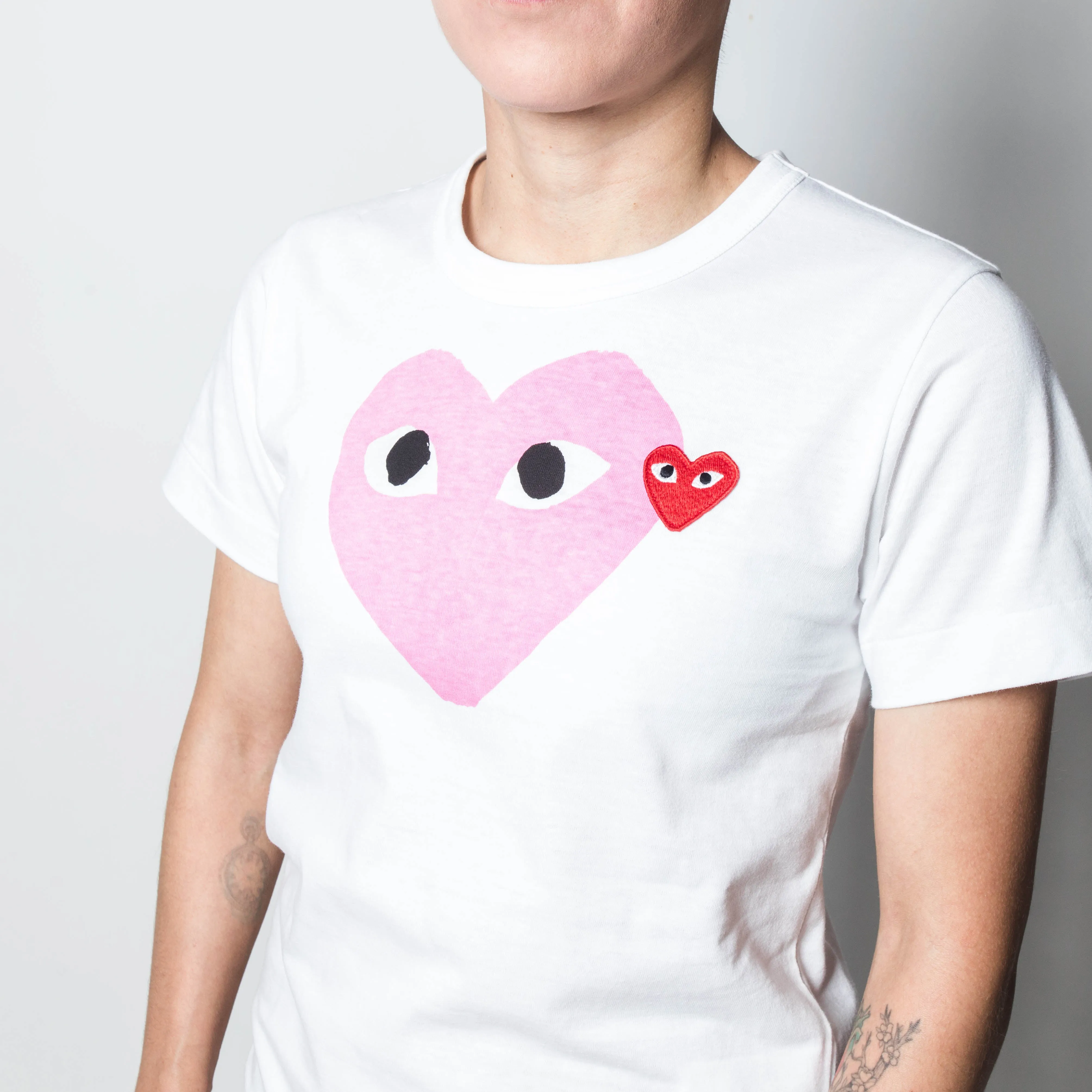 CDG PLAY Pink Heart Tee White