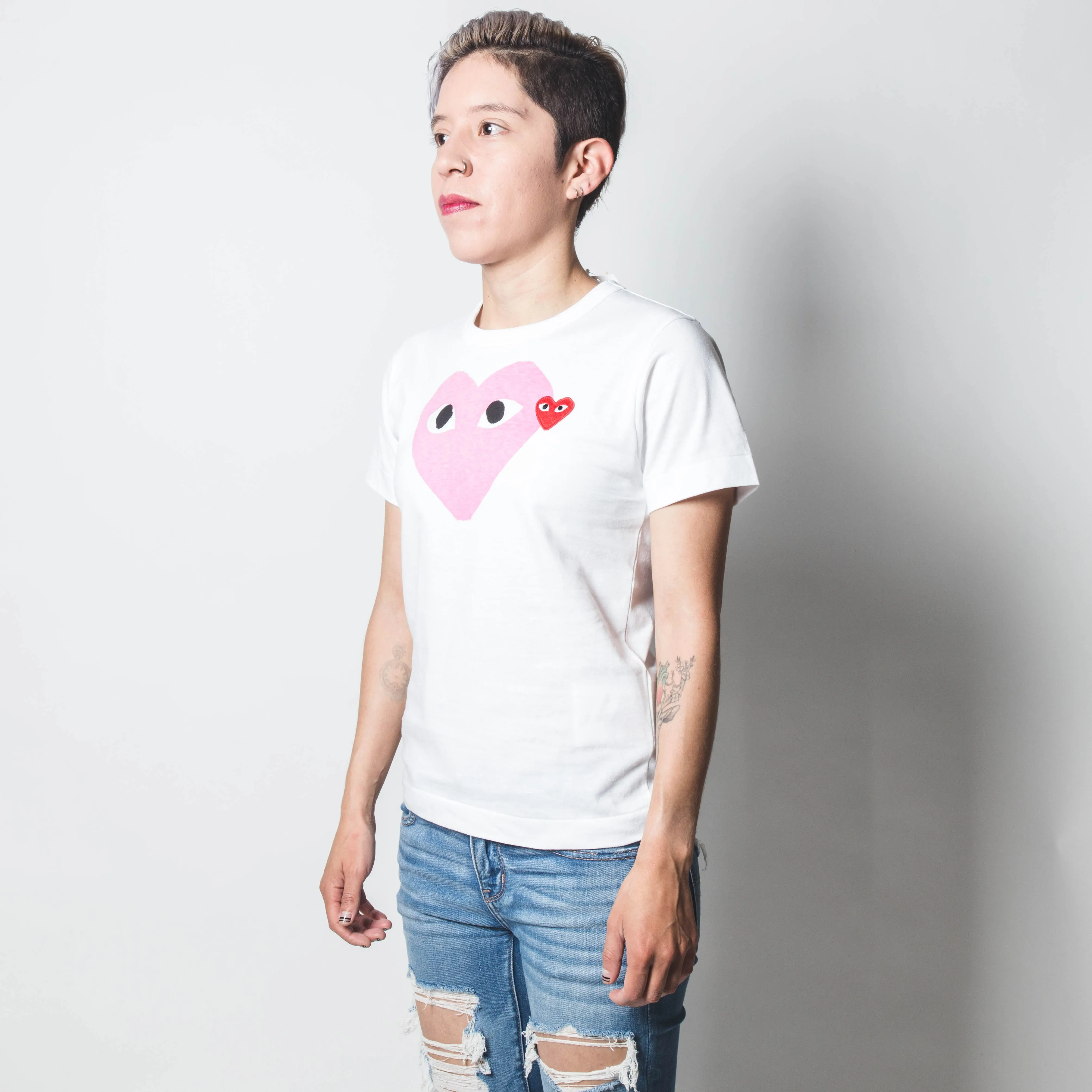 CDG PLAY Pink Heart Tee White