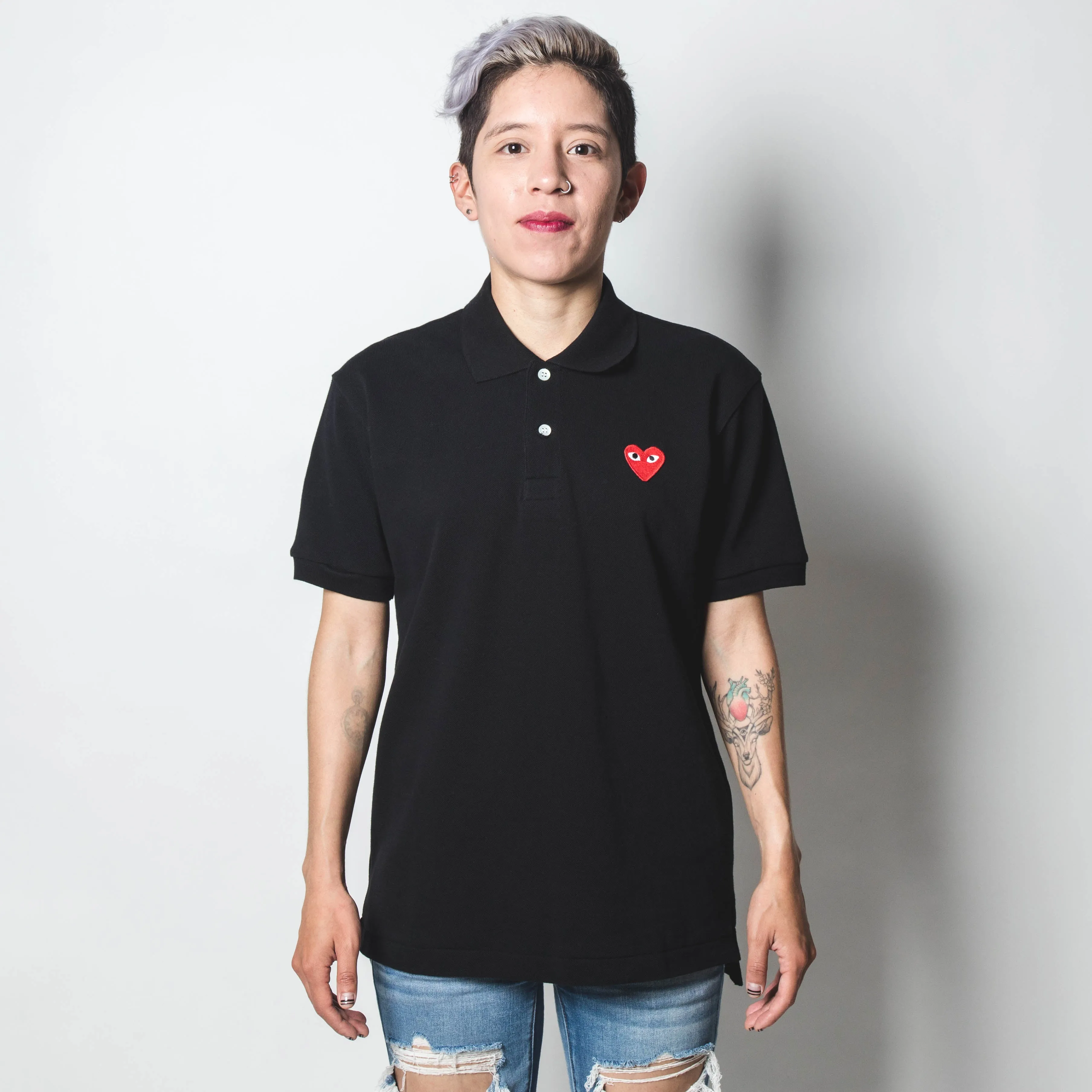 CDG PLAY Red Heart Polo Shirt Black Mens