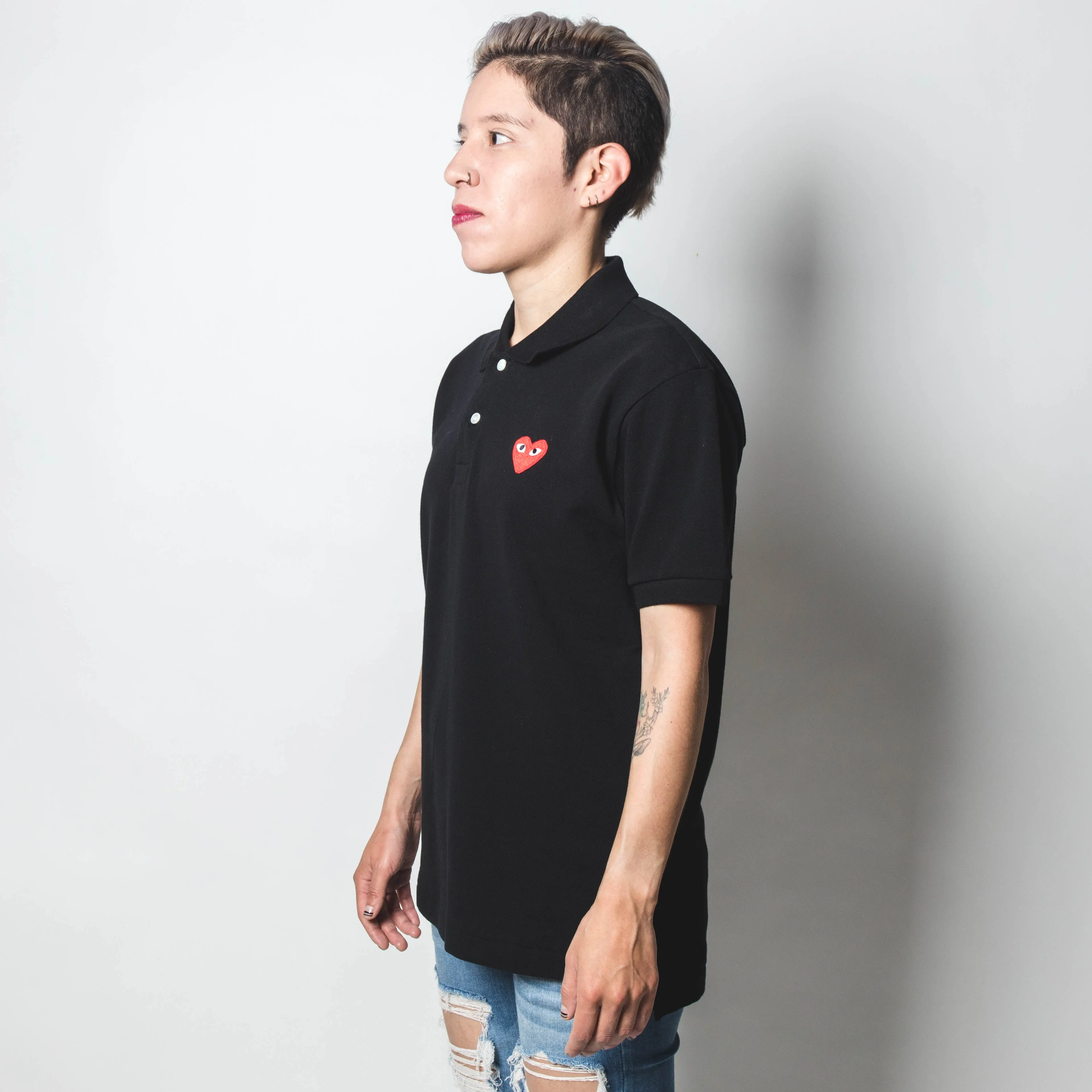 CDG PLAY Red Heart Polo Shirt Black Mens
