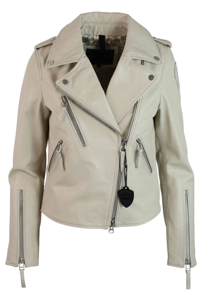 Chaqueta de cuero beige con parche