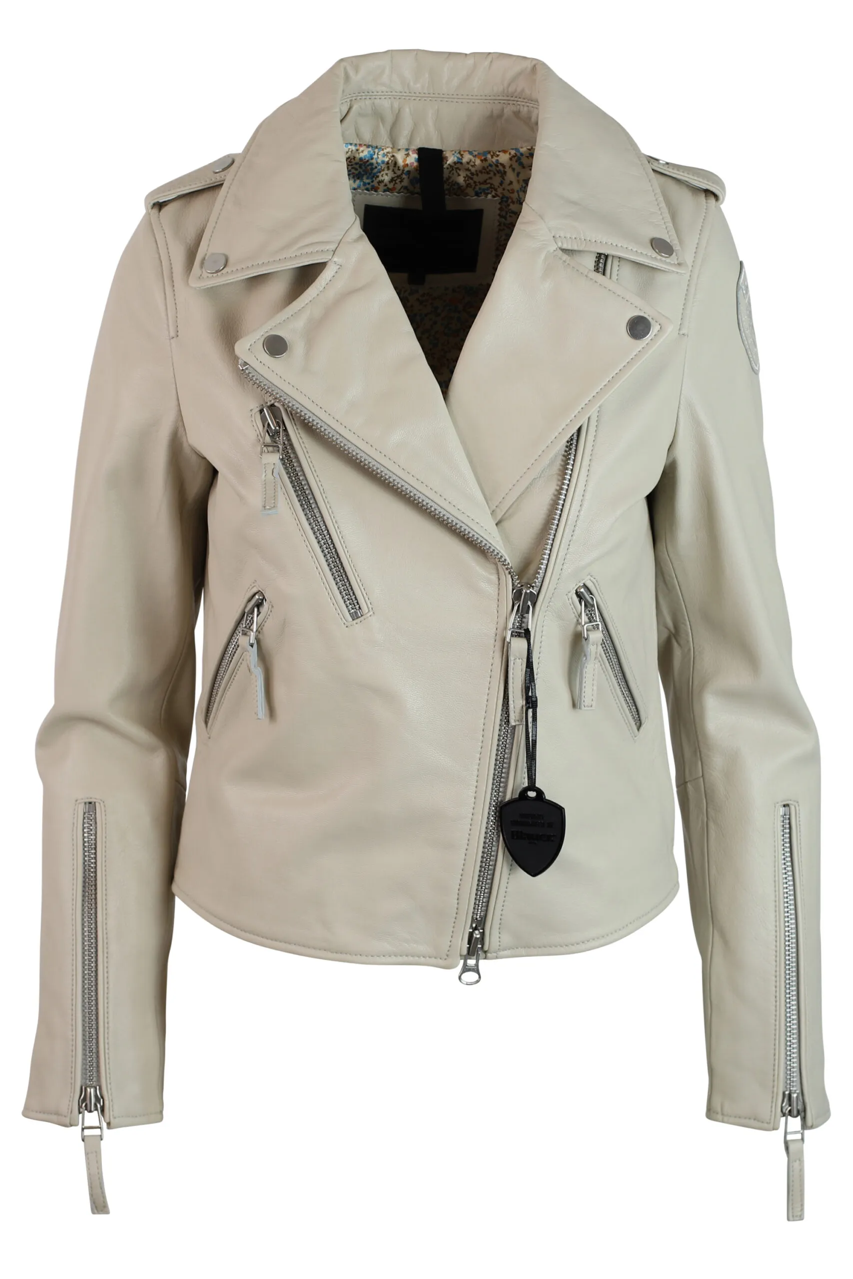 Chaqueta de cuero beige con parche