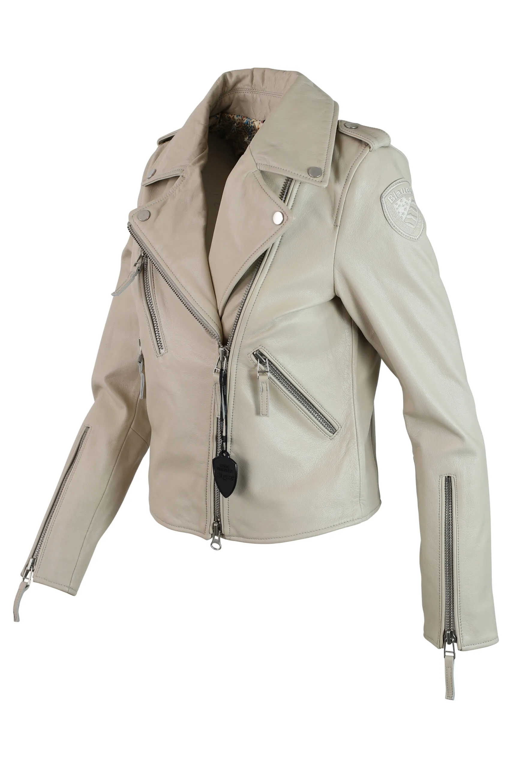 Chaqueta de cuero beige con parche