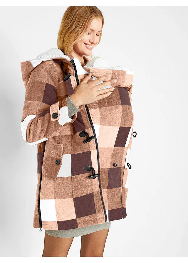Chaqueta premamá de lana con forro de peluche/chaqueta de porteo Marrón/blanco lana de cuadros