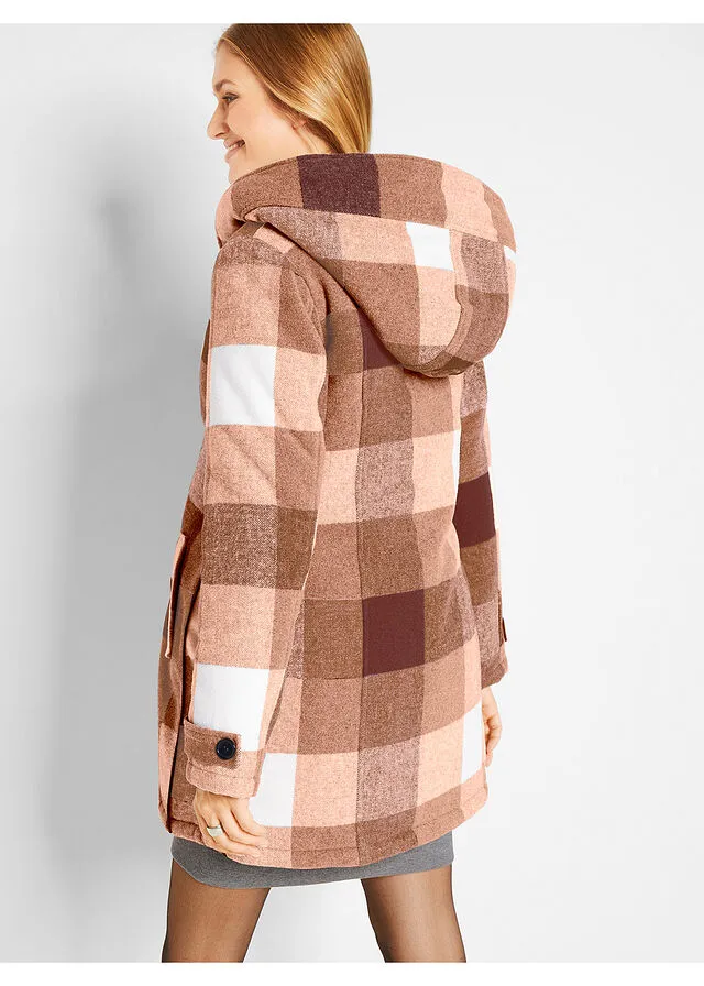 Chaqueta premamá de lana con forro de peluche/chaqueta de porteo Marrón/blanco lana de cuadros