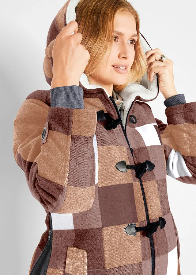 Chaqueta premamá de lana con forro de peluche/chaqueta de porteo Marrón/blanco lana de cuadros