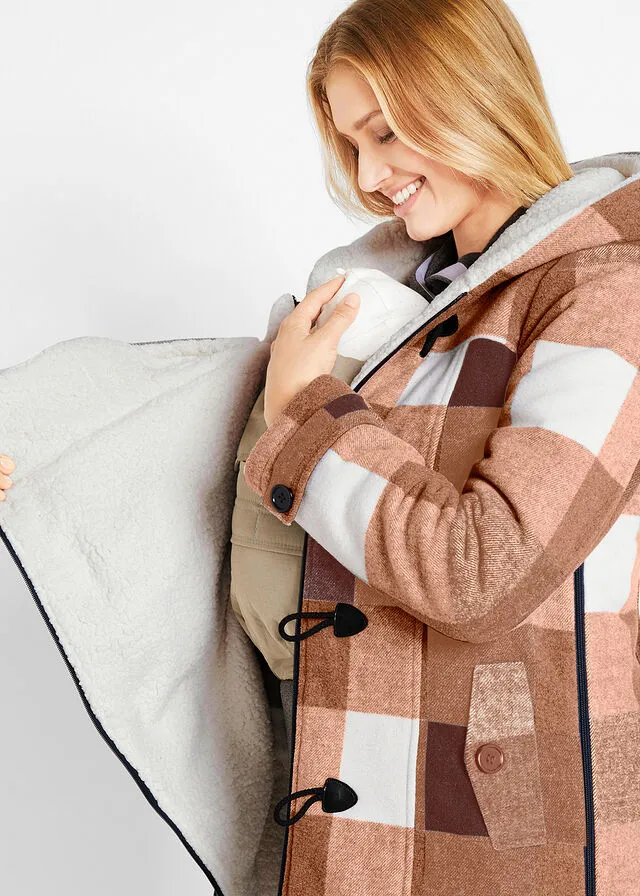 Chaqueta premamá de lana con forro de peluche/chaqueta de porteo Marrón/blanco lana de cuadros