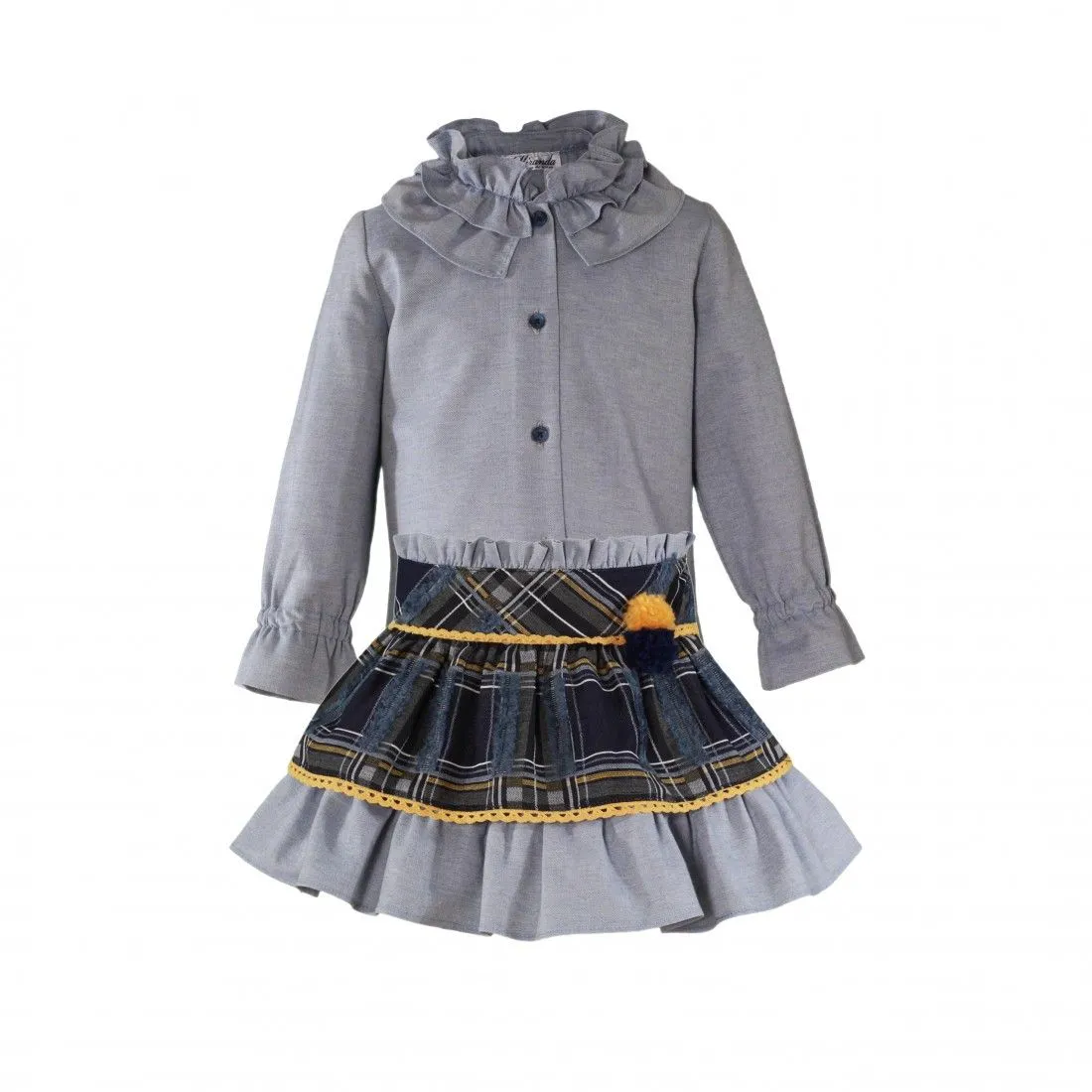 Conjunto Niña 2 piezas Camisa Gris Azulada Y Falda Cuadros Azul/Mostaza by Miranda