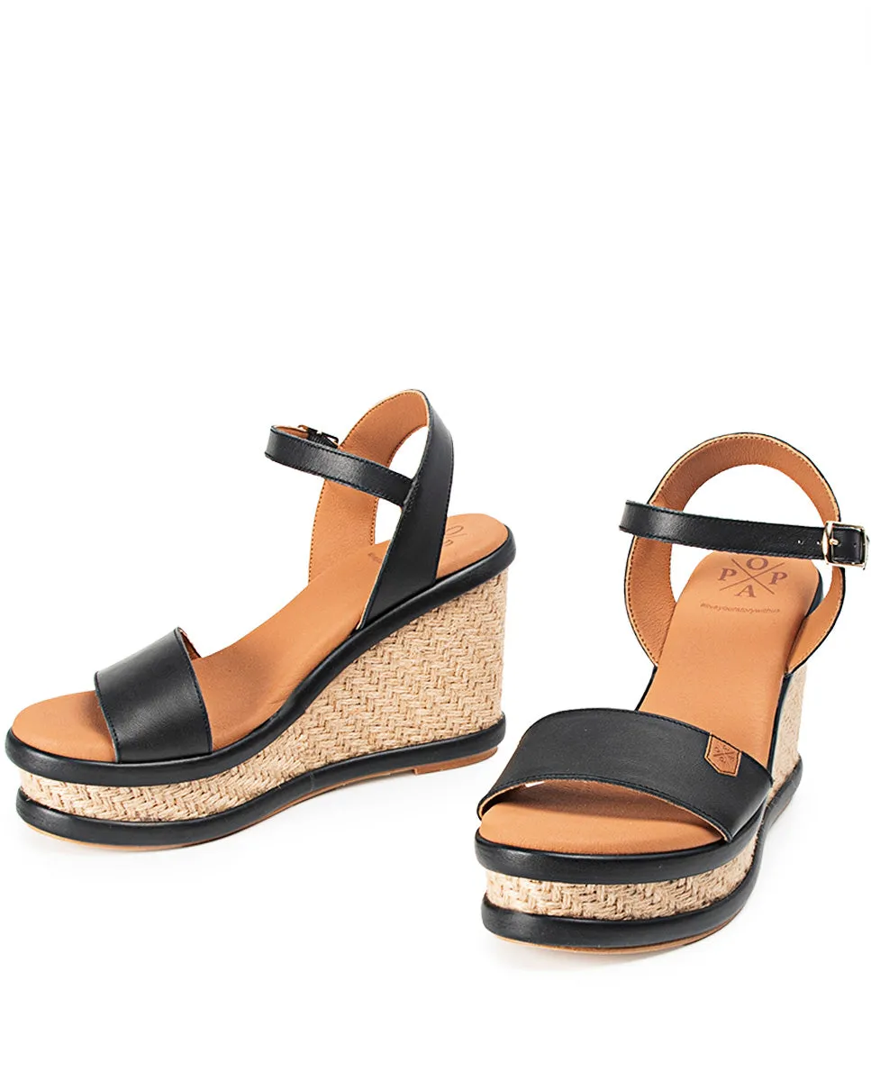 Cuña Alta Yute Bandon Piel Negro con hebilla