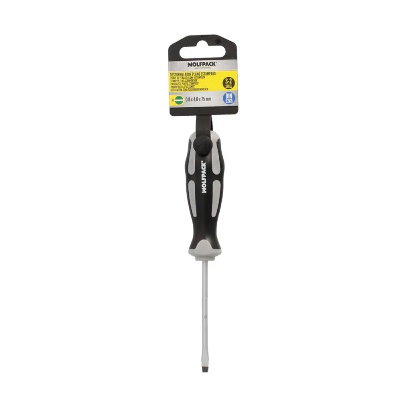Destornillador Plano Estampado Acero S2 Mango TPR Bimaterial. Medida 0,8 x Ø 4,0 x 75 mm. DIN5265