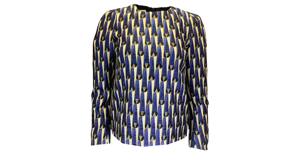Dries Van Noten Seca van Noten Azul / Marfil / Top de jacquard de manga larga metalizado dorado Multicolor 