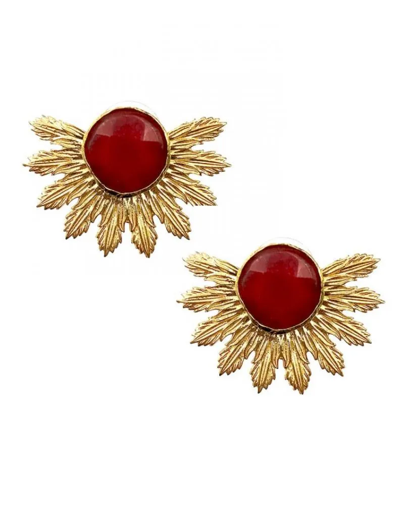 ELEGANTE PENDIENTE CORTO DORADO Y ROJO DISEÑO ABANICO