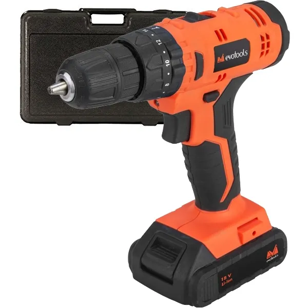 EVOTOOLS  680001  ATORNILLADORA TALADRADORA DE PERCUSIóN CON 2 BATERíAS, LIION, 18 V, 1.5 AH, 30 NM, ILUMINACIóN LED, CAJA DE