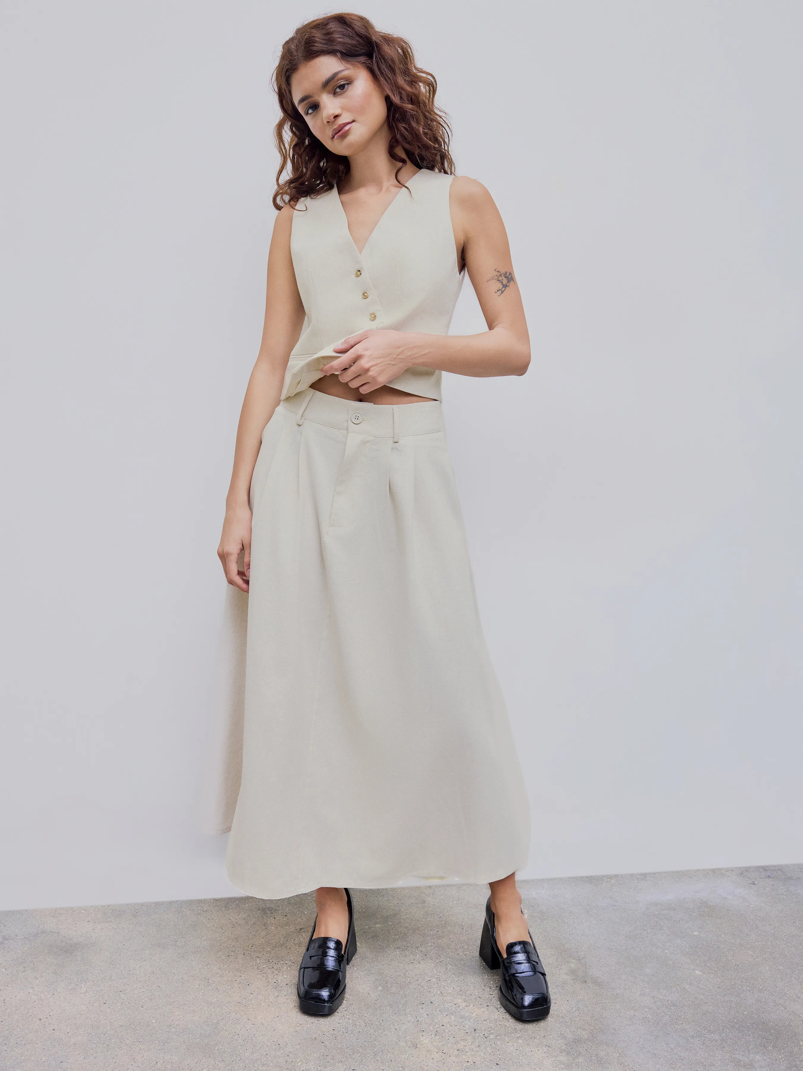 Falda Maxi Lino Mezcla de Talle Alto y Bolsillos en Color Liso para Vacaciones en la Playa de Santorini