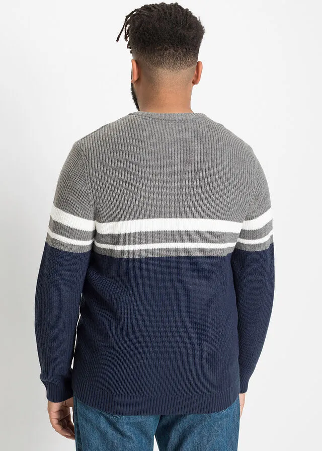 JERSEY CON BLOQUES DE COLOR AZUL OSCUROBLANCOGRIS JASPEADO DE RAYAS HORIZONTALES