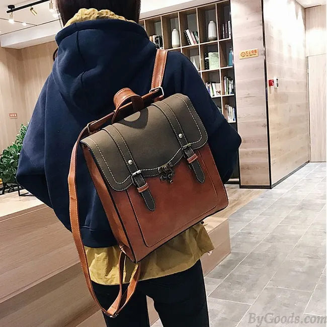 Leisure British Style Hook Buckle Square USB Interface PU Frosted Student Backpack