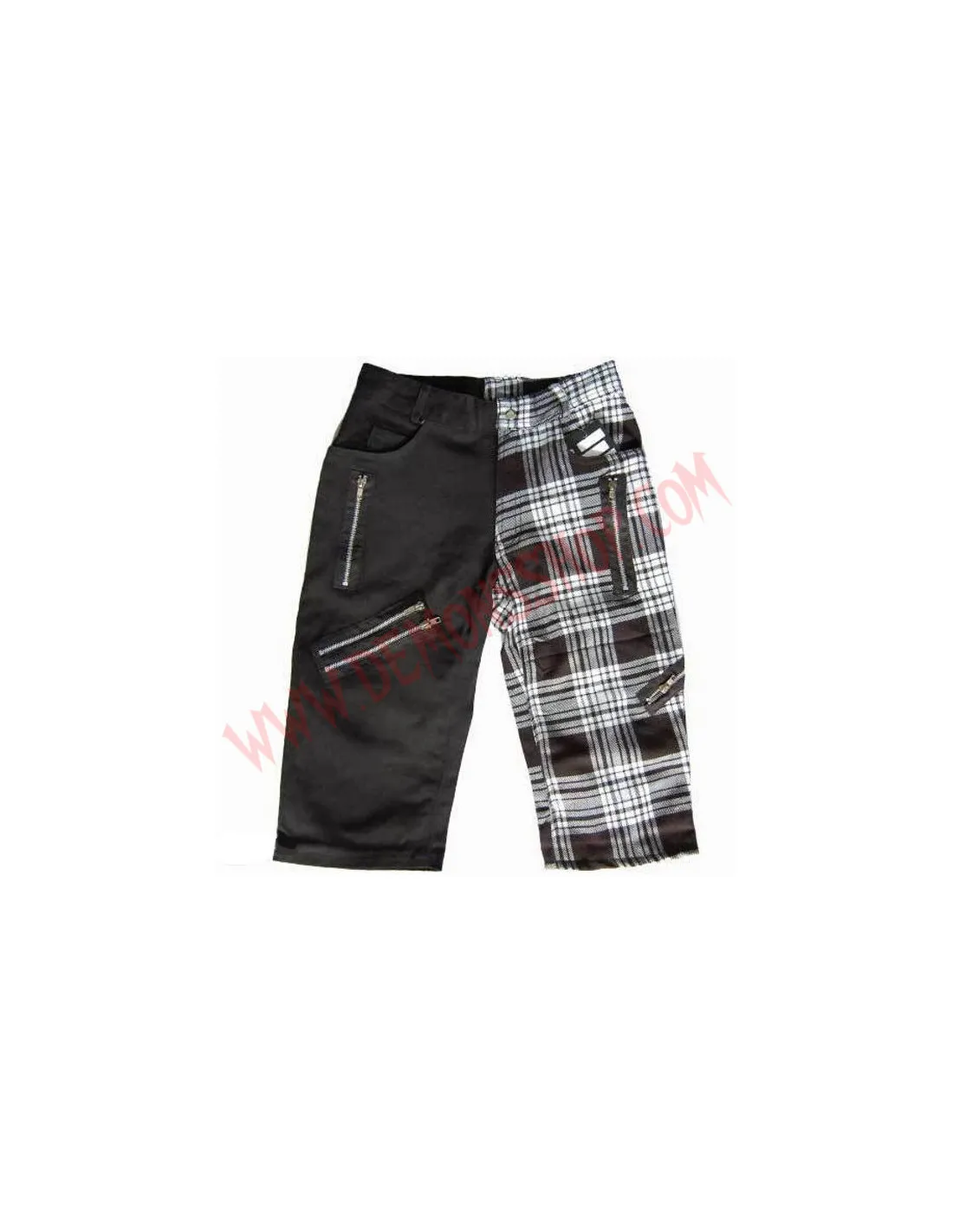 Pantalon Corto Punk Negro y Tartan Blanco Cremalleras