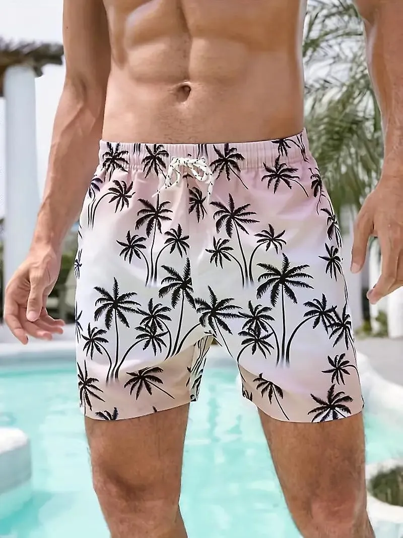 Pantalones cortos de tabla hawaiana de secado rápido para hombres con bolsillos, bañadores gráficos de cocotero casual con cordó